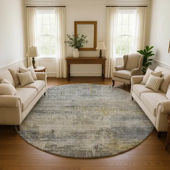8' Pewter And Wheat Abstract Washable Round Rug With UV Protection Photo 4