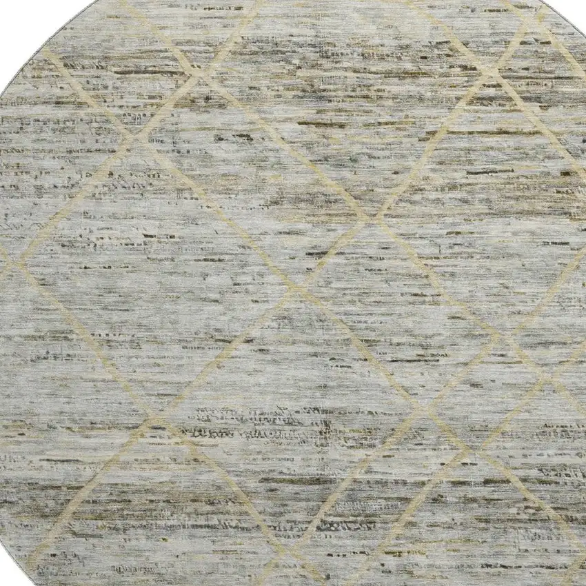 8' Pewter Beige And Gold Abstract Geometric Washable Round Rug With UV Protection Photo 2