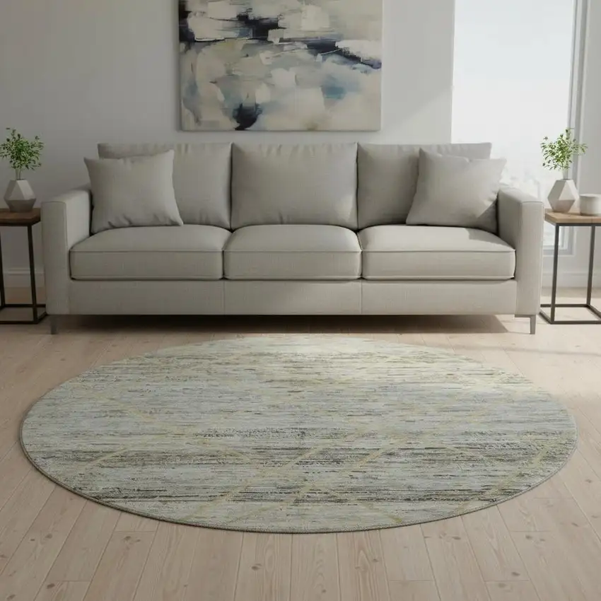 8' Pewter Beige And Gold Abstract Geometric Washable Round Rug With UV Protection Photo 1