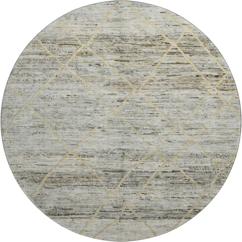 8' Pewter Beige And Gold Abstract Geometric Washable Round Rug With UV Protection Photo 1