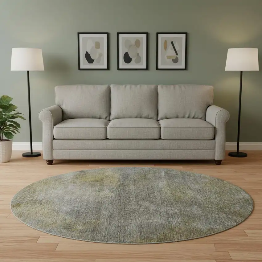 8' Pewter Beige And Gold Abstract Washable Round Rug With UV Protection Photo 2