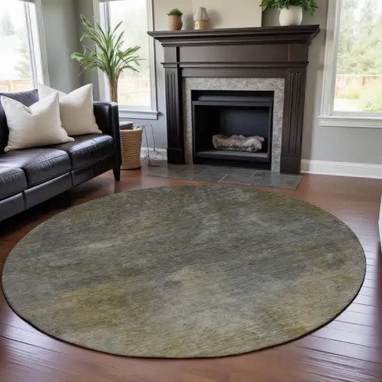 8' Pewter Beige And Gold Abstract Washable Round Rug With UV Protection Photo 4