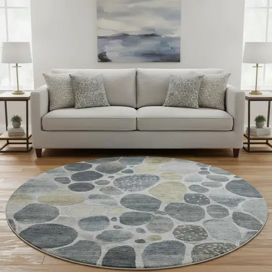 8' Pewter Beige And Gray Geometric Washable Round Rug With UV Protection Photo 2