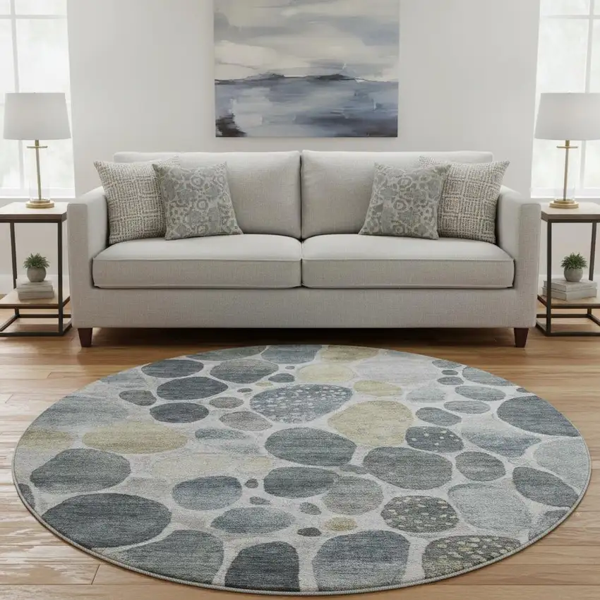 8' Pewter Beige And Gray Geometric Washable Round Rug With UV Protection Photo 2