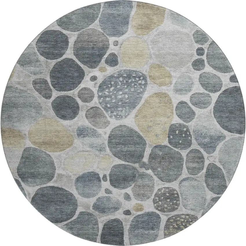 8' Pewter Beige And Gray Geometric Washable Round Rug With UV Protection Photo 1