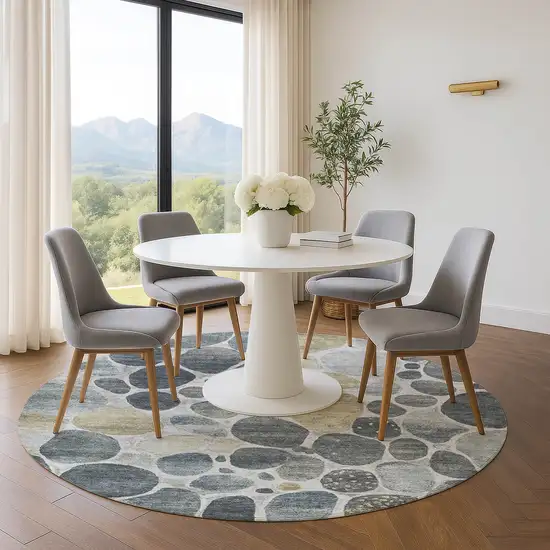 8' Pewter Beige And Gray Geometric Washable Round Rug With UV Protection Photo 5