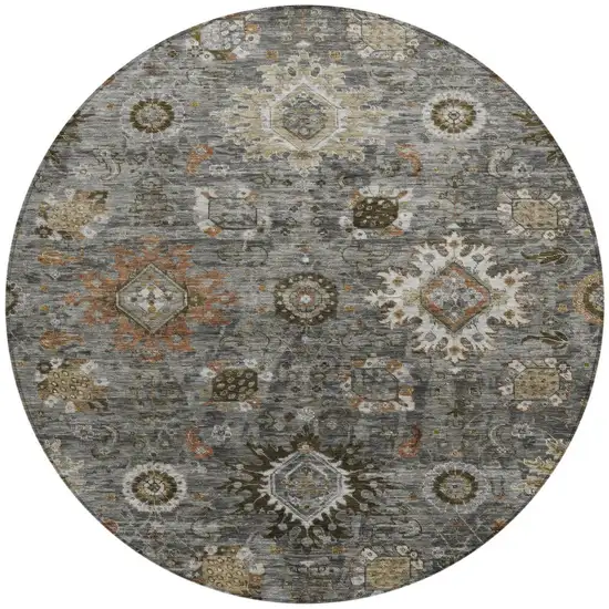 8' Pewter Beige And Gray Round Floral Medallion Washable Indoor Outdoor Area Rug Photo 3