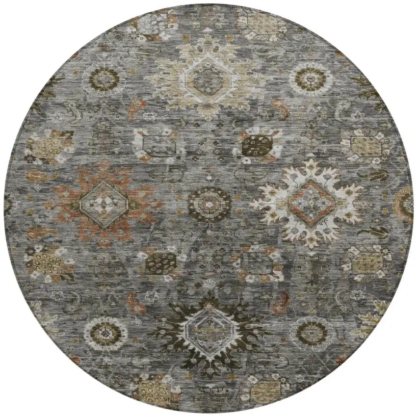 8' Pewter Beige And Gray Round Floral Medallion Washable Indoor Outdoor Area Rug Photo 3