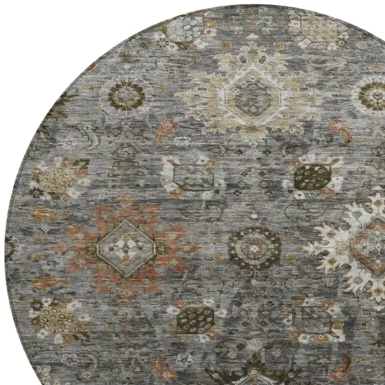 8' Pewter Beige And Gray Round Floral Medallion Washable Indoor Outdoor Area Rug Photo 8