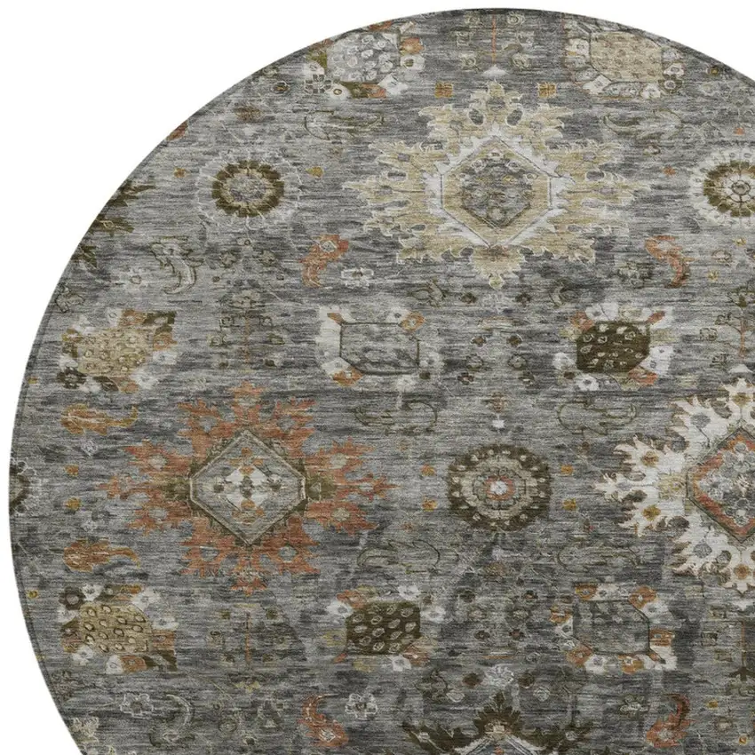 8' Pewter Beige And Gray Round Floral Medallion Washable Indoor Outdoor Area Rug Photo 8