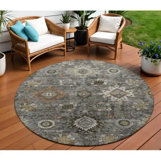 8' Pewter Beige And Gray Round Floral Medallion Washable Indoor Outdoor Area Rug Photo 2