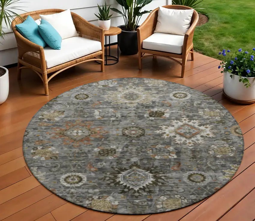 8' Pewter Beige And Gray Round Floral Medallion Washable Indoor Outdoor Area Rug Photo 2