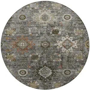 Photo of 8' Pewter Beige And Gray Round Floral Medallion Washable Indoor Outdoor Area Rug