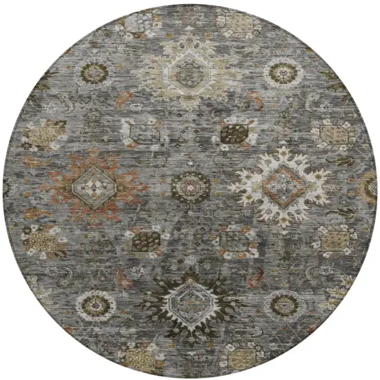 8' Pewter Beige And Gray Round Floral Medallion Washable Indoor Outdoor Area Rug Photo 1