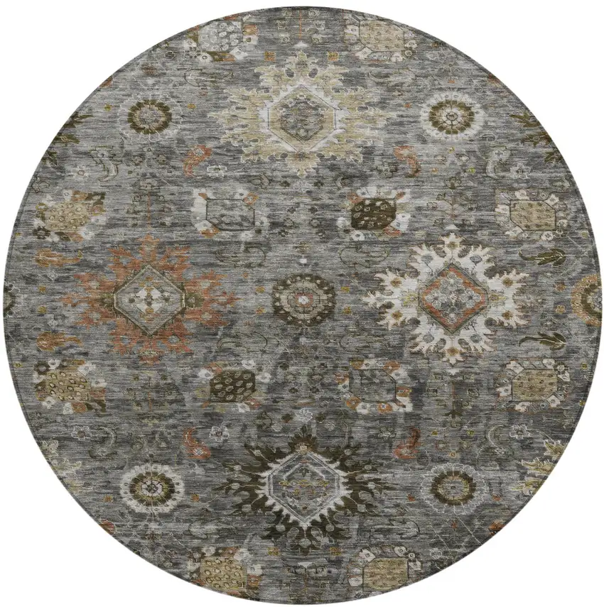 8' Pewter Beige And Gray Round Floral Medallion Washable Indoor Outdoor Area Rug Photo 1