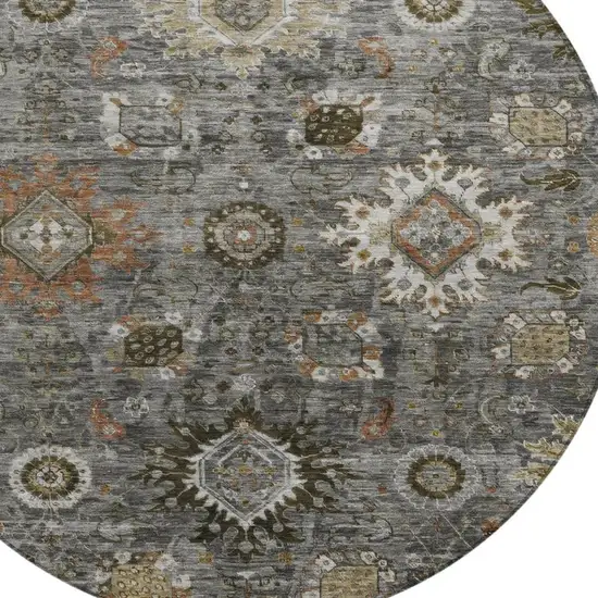 8' Pewter Beige And Gray Round Floral Medallion Washable Indoor Outdoor Area Rug Photo 4