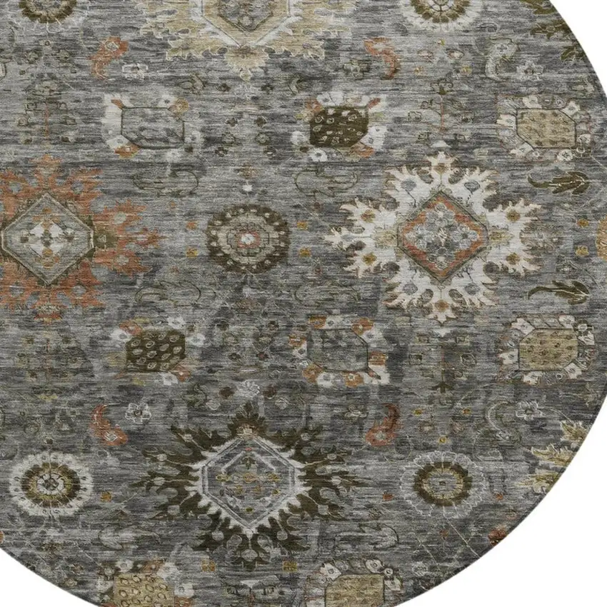 8' Pewter Beige And Gray Round Floral Medallion Washable Indoor Outdoor Area Rug Photo 4