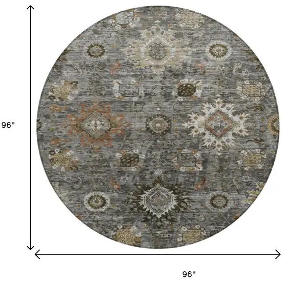 8' Pewter Beige And Gray Round Floral Medallion Washable Indoor Outdoor Area Rug Photo 9