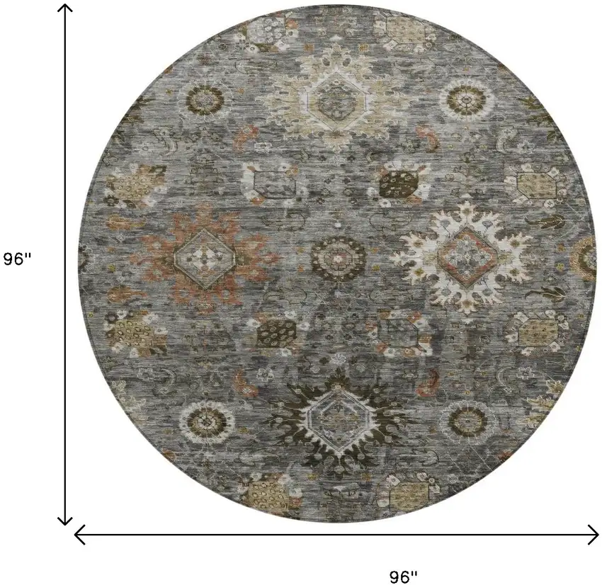 8' Pewter Beige And Gray Round Floral Medallion Washable Indoor Outdoor Area Rug Photo 9