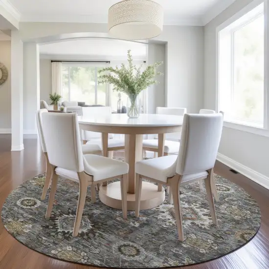 8' Pewter Beige And Gray Round Floral Medallion Washable Indoor Outdoor Area Rug Photo 6
