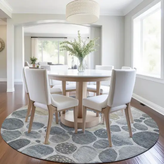 8' Pewter Beige And Ivory Round Geometric Washable Indoor Outdoor Area Rug Photo 6