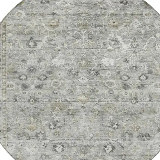 8' Pewter Beige And Ivory Round Oriental Washable Indoor Outdoor Area Rug Photo 4