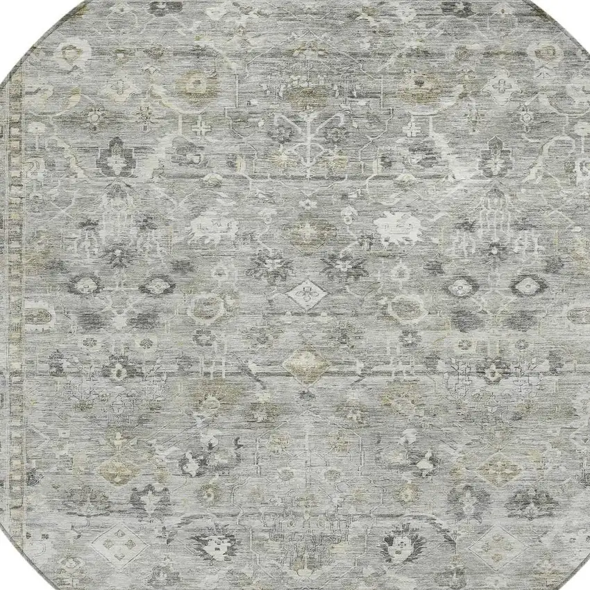 8' Pewter Beige And Ivory Round Oriental Washable Indoor Outdoor Area Rug Photo 4