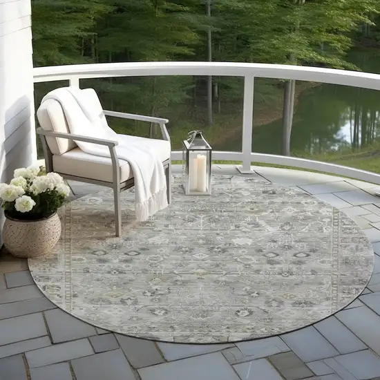 8' Pewter Beige And Ivory Round Oriental Washable Indoor Outdoor Area Rug Photo 5