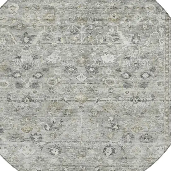 8' Pewter Beige And Ivory Round Oriental Washable Indoor Outdoor Area Rug Photo 8