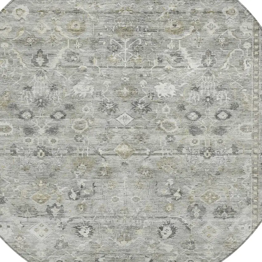 8' Pewter Beige And Ivory Round Oriental Washable Indoor Outdoor Area Rug Photo 8