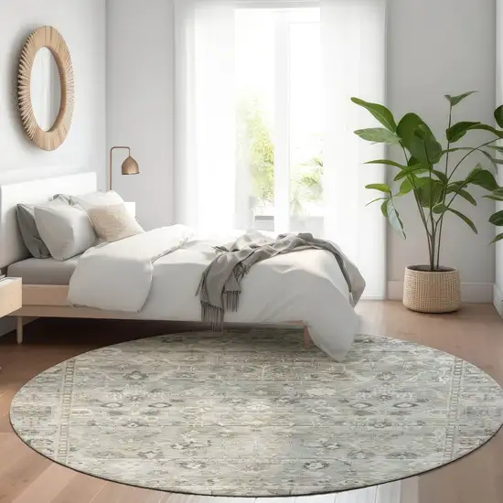 8' Pewter Beige And Ivory Round Oriental Washable Indoor Outdoor Area Rug Photo 6