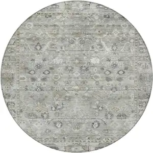 Photo of 8' Pewter Beige And Ivory Round Oriental Washable Indoor Outdoor Area Rug