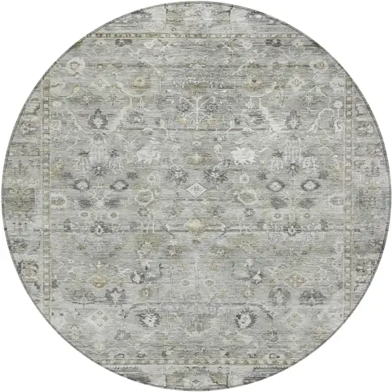 8' Pewter Beige And Ivory Round Oriental Washable Indoor Outdoor Area Rug Photo 1