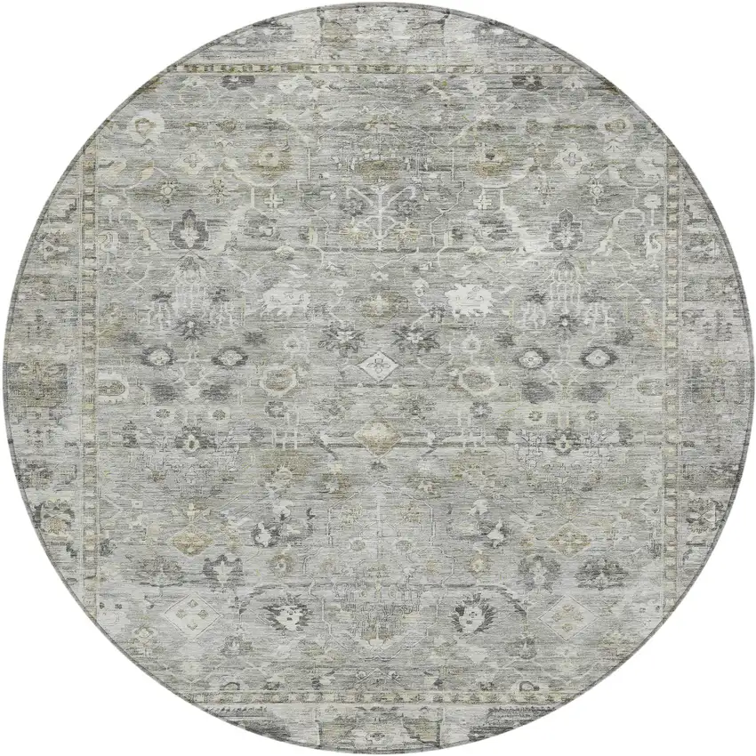 8' Pewter Beige And Ivory Round Oriental Washable Indoor Outdoor Area Rug Photo 1