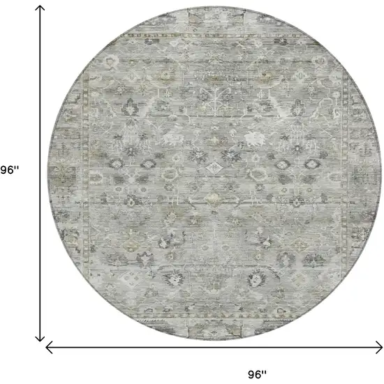 8' Pewter Beige And Ivory Round Oriental Washable Indoor Outdoor Area Rug Photo 9