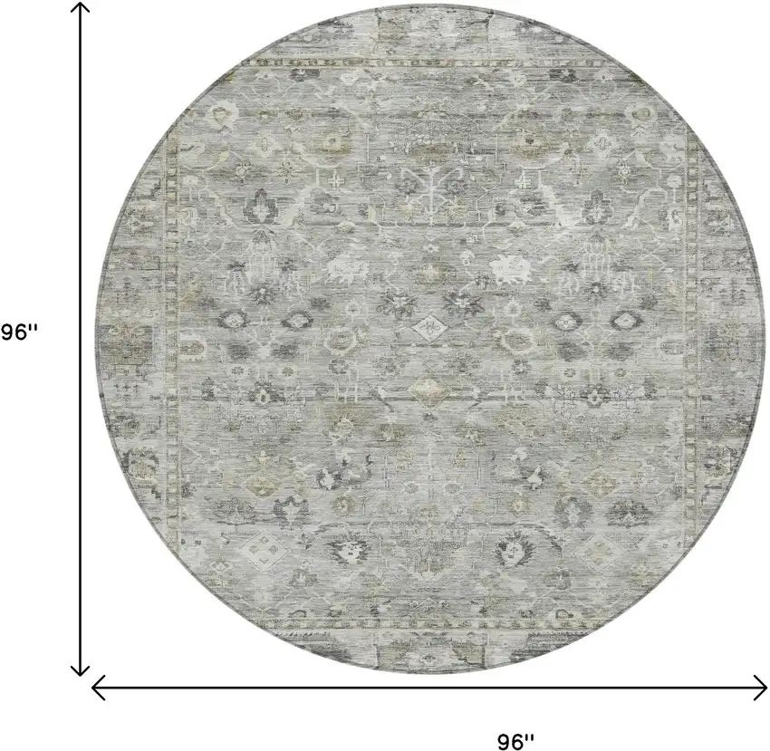 8' Pewter Beige And Ivory Round Oriental Washable Indoor Outdoor Area Rug Photo 9