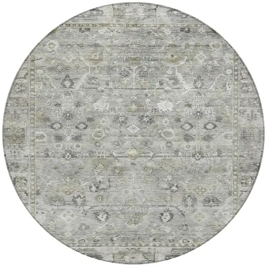 8' Pewter Beige And Ivory Round Oriental Washable Indoor Outdoor Area Rug Photo 3