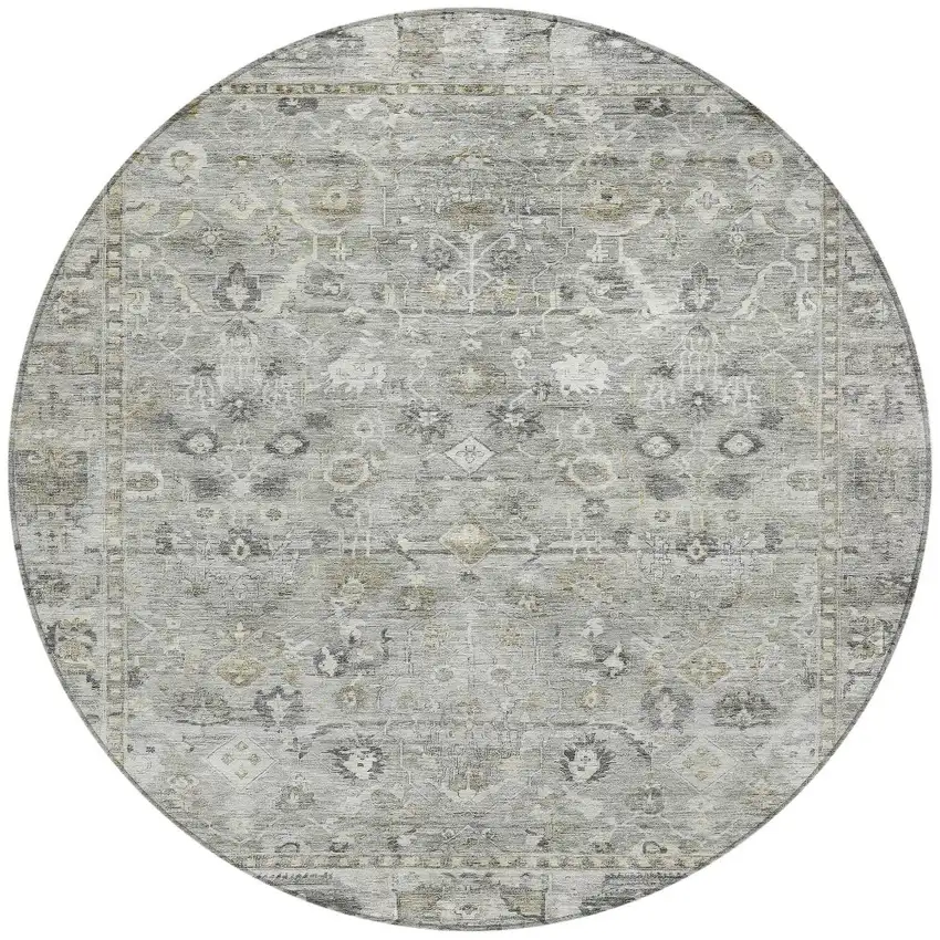 8' Pewter Beige And Ivory Round Oriental Washable Indoor Outdoor Area Rug Photo 3