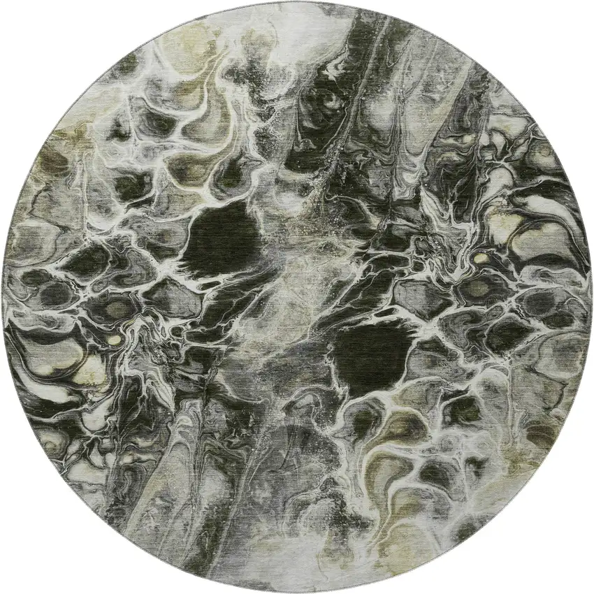 8' Pewter Black And Silver Abstract Washable Round Rug With UV Protection Photo 4