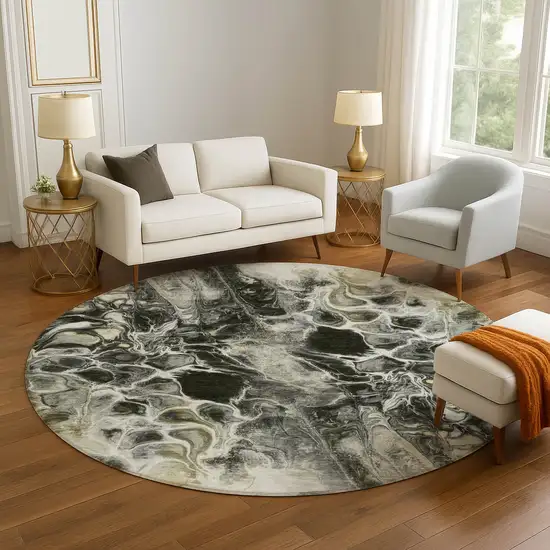 8' Pewter Black And Silver Abstract Washable Round Rug With UV Protection Photo 5