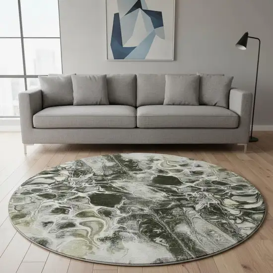 8' Pewter Black And Silver Abstract Washable Round Rug With UV Protection Photo 1