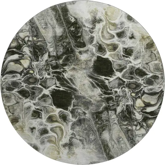 8' Pewter Black And Silver Abstract Washable Round Rug With UV Protection Photo 1