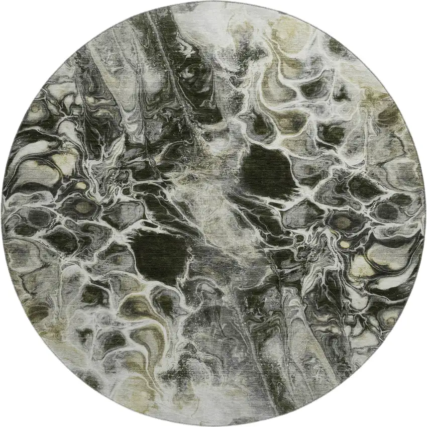 8' Pewter Black And Silver Abstract Washable Round Rug With UV Protection Photo 1
