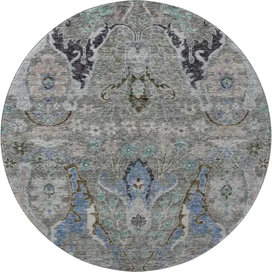 8' Pewter Blue And Gray Floral Washable Round Rug With UV Protection Photo 4