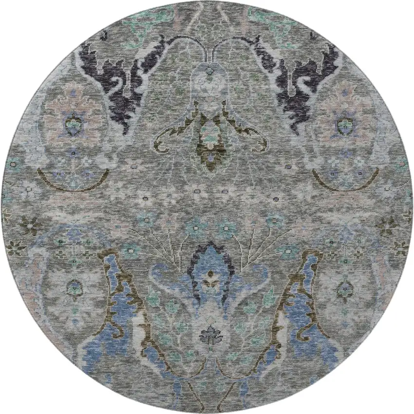 8' Pewter Blue And Gray Floral Washable Round Rug With UV Protection Photo 4