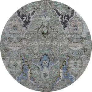 Photo of 8' Pewter Blue And Gray Floral Washable Round Rug With UV Protection