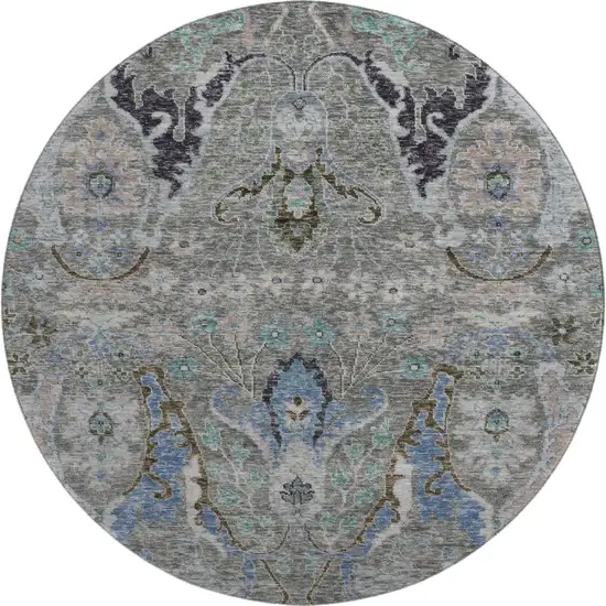 8' Pewter Blue And Gray Floral Washable Round Rug With UV Protection Photo 1