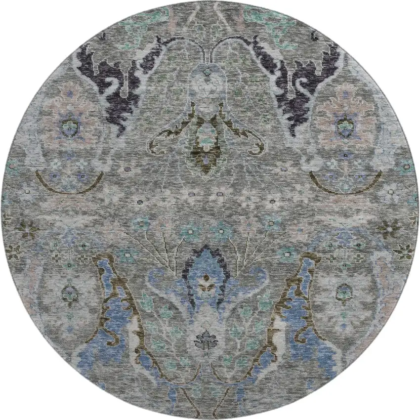8' Pewter Blue And Gray Floral Washable Round Rug With UV Protection Photo 1