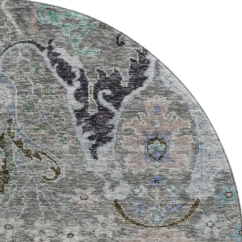 8' Pewter Blue And Gray Floral Washable Round Rug With UV Protection Photo 3