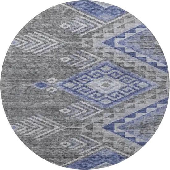 8' Pewter Blue And Gray Geometric Washable Round Rug With UV Protection Photo 3